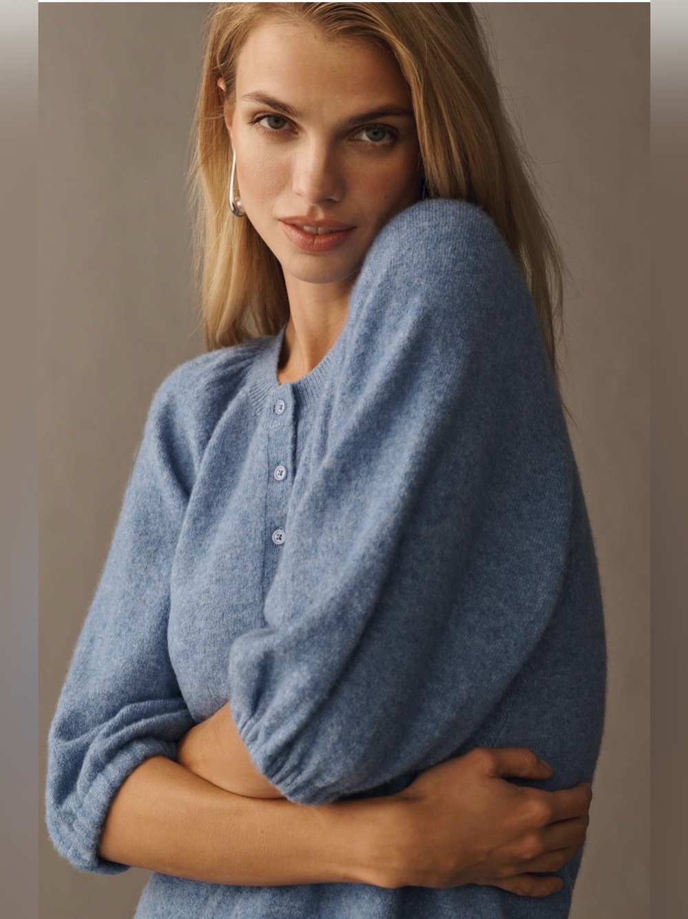 Anthropologie Puff-Sleeve Cardigan Sweater Heather Cornflower - Picture 2 of 14